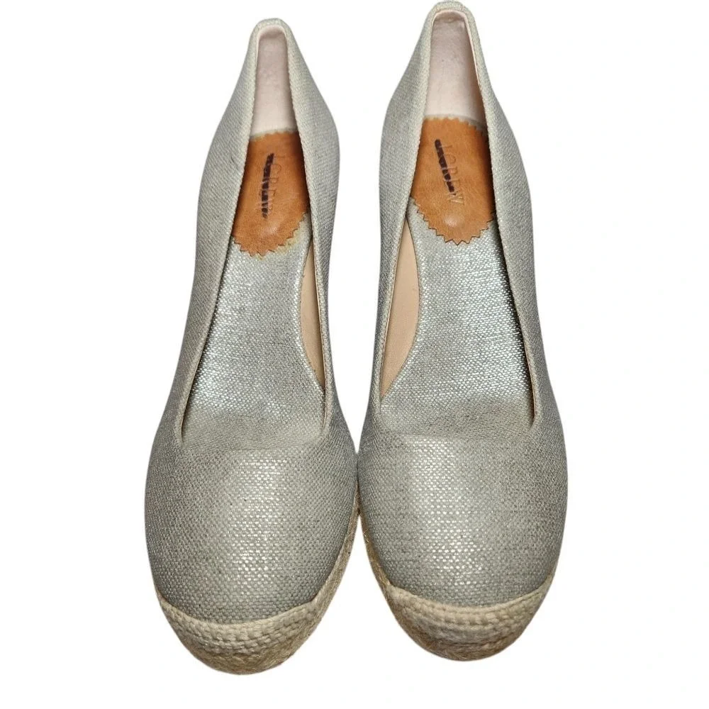 J Crew Espadrille Wedge Platform Metallic Canvas Cream Gold 9 Preppy Coquette